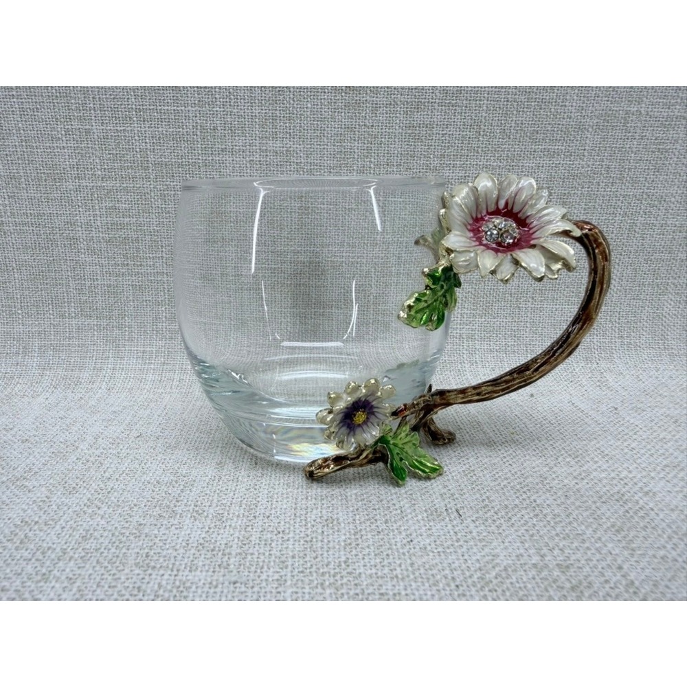 Arc Enamel Flower Glass Tea Cup Mug Floral Branch Handle Rhinestone 32cl 10.8oz